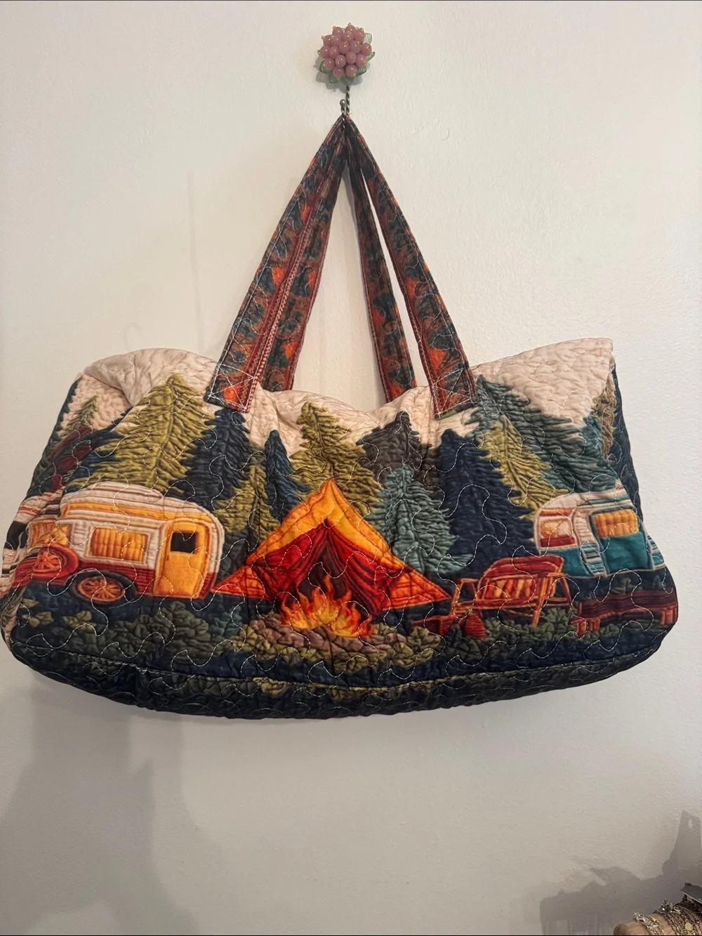 Camping Scene Quilted Tote Bag in Multi-Color